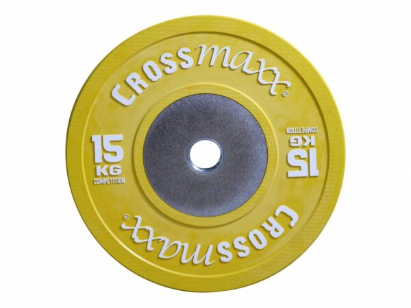 Crossmaxx Competition vægtskive 15 kg - gul. Af vulkaniseret gummi, slidstærk kvalitet. Til vægtløftning, crossfit og funktionel træning