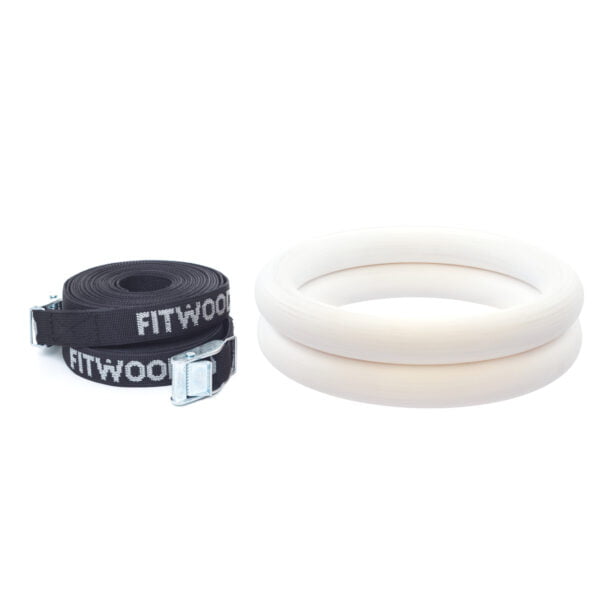 FitWood Olympic Gymnastikringe 28mmÂ - Hvid-overflade / SortÂ Strop