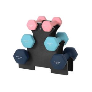 Hex-håndvægtsæt med stativ - 2 x 1 kg, 2 x 2 kg, 2 x 3 kg, mat neoprenfinish, håndvægte til hjemmetræning, pink, aqua og blå SYL612MK