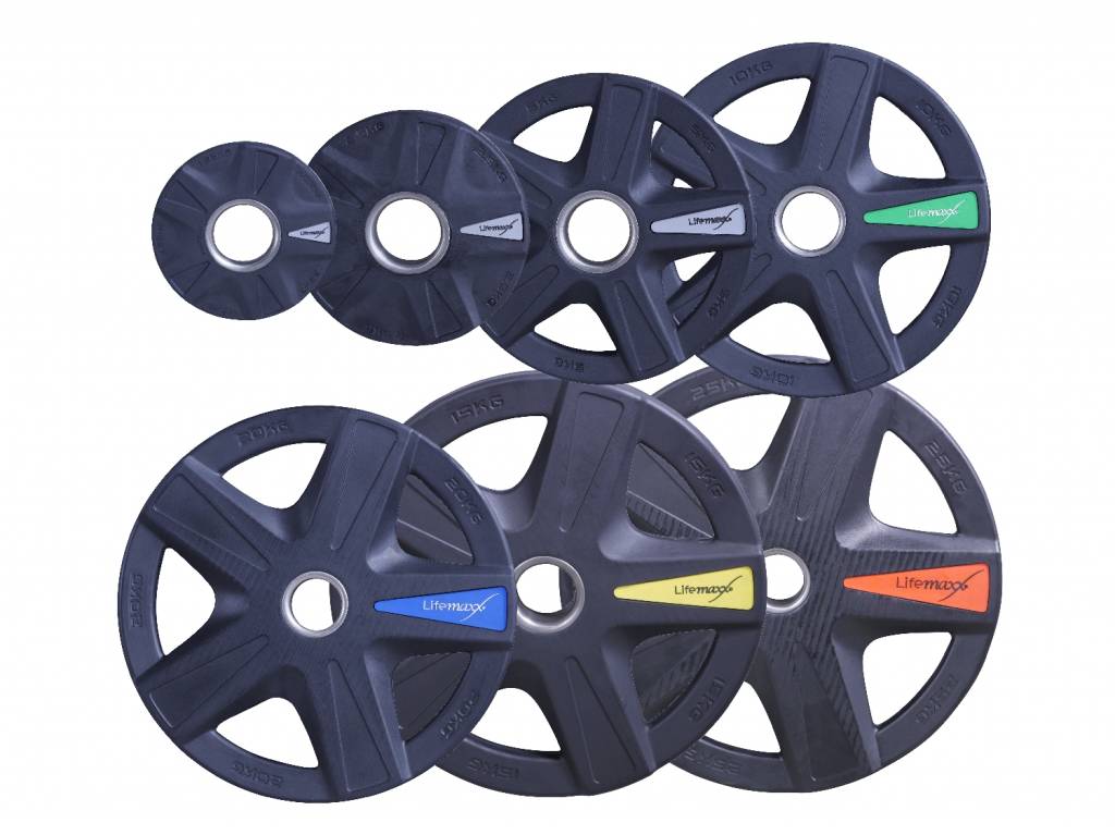 Lifemaxx Olympisk Vægtskive 1,25-25 kg med 50 mm hul og 5 greb til styrketræning og funktionel træning