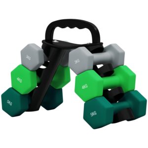 Rootz håndvægt sæt med rack - vægte - fitnessudstyr - hexagonal design - pladsbesparende - 3 kg til 5 kg - håndvægt 18x8x8 cm, rack 42x10x30cm